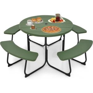 imageSquare Picnic Table for 8 Person Outside Table Bench Set w 4 Builtin Benches Umbrella Hole HDPE Top ampamp Metal Frame 2000LBS Capacity Outdoor Picnic Table for Garden Porch Patio BlackGreen