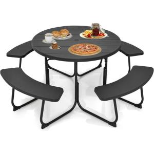 imageSquare Picnic Table for 8 Person Outside Table Bench Set w 4 Builtin Benches Umbrella Hole HDPE Top ampamp Metal Frame 2000LBS Capacity Outdoor Picnic Table for Garden Porch Patio BlackBlack