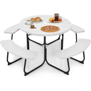imageSquare Picnic Table for 8 Person Outside Table Bench Set w 4 Builtin Benches Umbrella Hole HDPE Top ampamp Metal Frame 2000LBS Capacity Outdoor Picnic Table for Garden Porch Patio BlackWhite