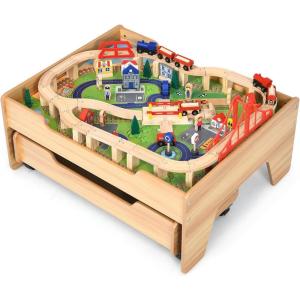 imageTrain Table 100 Pieces Kids Activity Table wStorage Drawer ampamp Removable Tabletop DIY Design Multicolor Railway Tracks Cars City Wooden Train Set for Toddlers Aged 3 Gift for Boys Girls