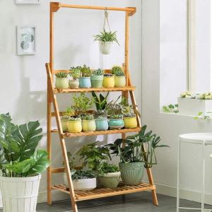 imageGRAFFY 3Tier Hanging Plant Stand Wooden Folding Plant Organizer w3 Display Racks ampamp Adjustable Hanging Bar Plant Flower Rack for Balcony Patio Garden Bathroom Home Office