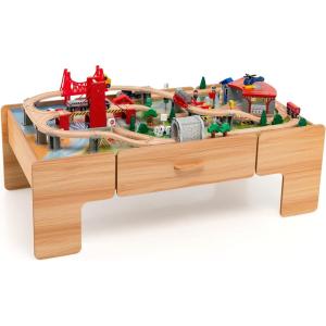 imageTrain Table 100Piece Wooden Kids Activity Table with Storage Drawer Tracks Trains Cars Train Track Set with Reversible Tabletop Train Table Set for Toddlers 35 Gift for Boys Girls