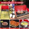 image2Burner Propane Camping Stove Portable Camp Grill wRoast Grill 3Sided Wind Screen Removable Leg Dual Control Knobs Outdoor Stove for BBQ Picnic 20000 BTU BlackRed
