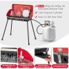 image2Burner Propane Camping Stove Portable Camp Grill wRoast Grill 3Sided Wind Screen Removable Leg Dual Control Knobs Outdoor Stove for BBQ Picnic 20000 BTU BlackRed