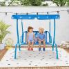 imageKids Porch Swing 2Seater Outdoor Lounge Chair with Adjustable Canopy ampamp Safety Belts Metal Stand Hanging Swing Bench Patio Swing for Backyard Patio Lawn Garden Blue FlamingoBlue Dinosaur