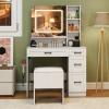 imageVanity Desk with Mirror and Lights Dressing Table with Storage Stool Drawers ampamp Shelves Charging Station Hair Dryer Stand 3 Color Lighting Glass Tabletop Makeup Vanity for Bedroom White