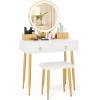 imageVanity Desk with Mirror and Lights Dressing Table with Padded Stool 3Color Light Brightness Adjustment 4 Storage Drawers Makeup Vanity Set for Small Space Bedroom White ampamp GoldWhite  Gold