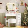 imageVanity Desk with Mirror and Lights Dressing Table with Storage Stool Drawers ampamp Shelves Charging Station Hair Dryer Stand 3 Color Lighting Glass Tabletop Makeup Vanity for Bedroom White