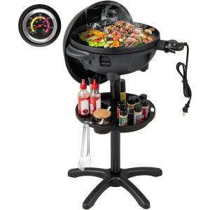 image1200W Electric Grill Outdoor 2in1 Freestanding ampamp Tabletop BBQ Grill wThermometer Nonstick Griddle Lid ampamp Drip Tray Portable Camping Grill for Patio Backyard Party Black