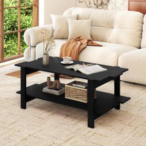 image2Tier Wooden Coffee Table 45L Modern Tea Table with Open Storage Shelf Easy Assembly Center Table for Living Room Home Office Bedroom Balcony Reception Room BlackBlack