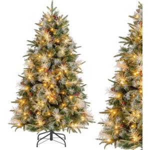 image5FT Prelit Artificial Christmas Tree Hinged Xmas Tree w 190 Warm White LED Lights 8 Modes 602 Branch Tips 26 Pine Cones ampamp 26 Clutters of Red Berries Metal Stand Easy Assembly 5FT5ft