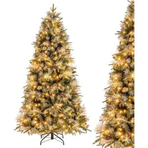 image5FT Prelit Artificial Christmas Tree Hinged Xmas Tree w 190 Warm White LED Lights 8 Modes 602 Branch Tips 26 Pine Cones ampamp 26 Clutters of Red Berries Metal Stand Easy Assembly 5FT7FT