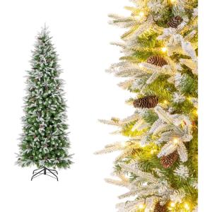 image75 FT Prelit Pencil Christmas Tree Artificial Snow Flocked Hinged Xmas Tree w 913 Branch Tips 350 Warm White LED Lights 75 Pine Cones Slim Skinny Christmas Tree for Home Shop ampamp Office7ft 6in