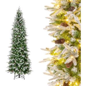 image75 FT Prelit Pencil Christmas Tree Artificial Snow Flocked Hinged Xmas Tree w 913 Branch Tips 350 Warm White LED Lights 75 Pine Cones Slim Skinny Christmas Tree for Home Shop ampamp Office9ft