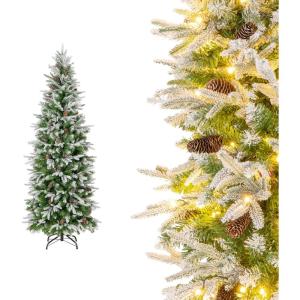 image75 FT Prelit Pencil Christmas Tree Artificial Snow Flocked Hinged Xmas Tree w 913 Branch Tips 350 Warm White LED Lights 75 Pine Cones Slim Skinny Christmas Tree for Home Shop ampamp Office6ft