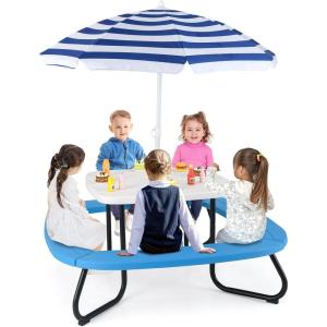 image8 Person Kids Picnic Table Kids Outdoor Table and Chairs Set with Removable Umbrella 4 Builtin Benches HDPE Top ampamp Metal Frame Kids Outdoor Table for Patio Garden Backyard CoffeeBlueWhiteblue
