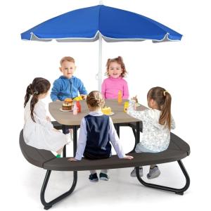 image8 Person Kids Picnic Table Kids Outdoor Table and Chairs Set with Removable Umbrella 4 Builtin Benches HDPE Top ampamp Metal Frame Kids Outdoor Table for Patio Garden Backyard CoffeeBlueCoffeeblue