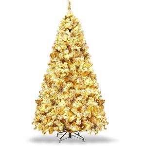 imageArtificial Christmas Tree 75ft Snow Flocked Hinged Pine Tree with 1010 Branch Tips ampamp 450 Warm LED Lights Portable Metal Base Perfect Xmas Decoration for Home Office Party 75ft6ft