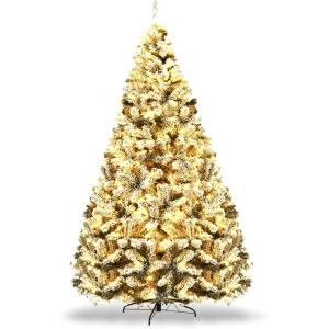 imageArtificial Christmas Tree 75ft Snow Flocked Hinged Pine Tree with 1010 Branch Tips ampamp 450 Warm LED Lights Portable Metal Base Perfect Xmas Decoration for Home Office Party 75ft9ft