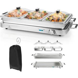 imageFood Warmer 2in1 Buffet Warmer w 3 Food Pans ampamp Lids Adjustable Temperature ampamp Dishwasher Safe 8 Qt Stainless Steel Electric Warming Tray for Parties Banquets Catering Events 450W