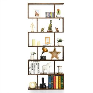 imageGeometric Bookshelf 6Tier SShaped Bookcase with Abstract Freestanding Decorative Display Open Shelves Modern Wood Book Shelf for Bedroom Living Room Office 1 Rustic BrownRustic Brown