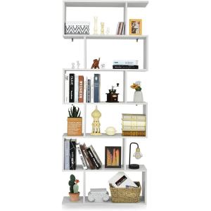 imageGeometric Bookshelf 6Tier SShaped Bookcase with Abstract Freestanding Decorative Display Open Shelves Modern Wood Book Shelf for Bedroom Living Room Office 1 Rustic BrownWhite