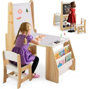 imageKids Art Table and Chair Set Toddler Art Table with Double Sided Easel Chalkboard ampamp Whiteboard Paper Roll 2Tier Bookshelf ampamp 2 Open Shelves Kids Craft Table for Drawing Writing NaturalNatural
