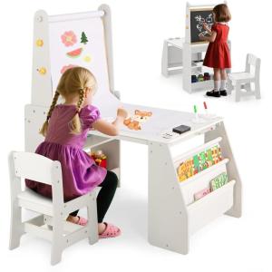 imageKids Art Table and Chair Set Toddler Art Table with Double Sided Easel Chalkboard ampamp Whiteboard Paper Roll 2Tier Bookshelf ampamp 2 Open Shelves Kids Craft Table for Drawing Writing NaturalGrey