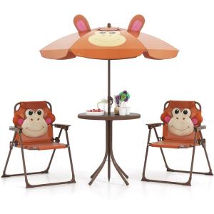 imageKids Picnic Table Kids Outdoor Table with 2 Folding Chairs Removable ampamp Height Adjustable Umbrella Cute Animal Theme Children Outdoor Furniture for Patio Garden Backyard Green FrogBrown Monkey