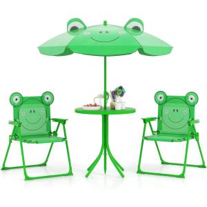 imageKids Picnic Table Kids Outdoor Table with 2 Folding Chairs Removable ampamp Height Adjustable Umbrella Cute Animal Theme Children Outdoor Furniture for Patio Garden Backyard Green FrogGreen Frog