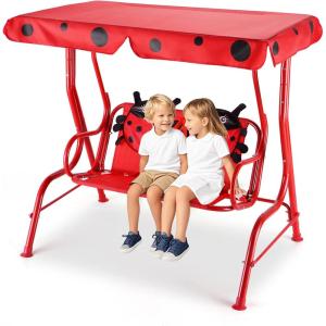 imageKids Porch Swing 2Seater Outdoor Lounge Chair with Adjustable Canopy ampamp Safety Belts Metal Stand Hanging Swing Bench Patio Swing for Backyard Patio Lawn Garden Blue FlamingoRed Ladybug