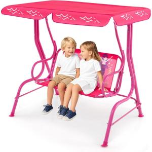 imageKids Porch Swing 2Seater Outdoor Lounge Chair with Adjustable Canopy ampamp Safety Belts Metal Stand Hanging Swing Bench Patio Swing for Backyard Patio Lawn Garden Blue FlamingoPink Mermaid