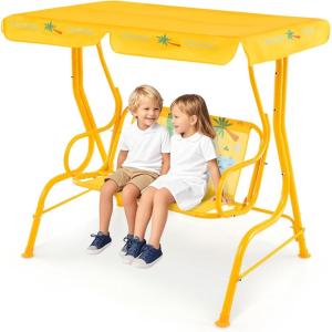 imageKids Porch Swing 2Seater Outdoor Lounge Chair with Adjustable Canopy ampamp Safety Belts Metal Stand Hanging Swing Bench Patio Swing for Backyard Patio Lawn Garden Blue FlamingoYellow Alligator