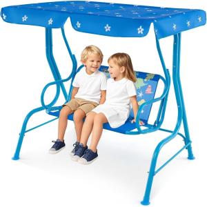imageKids Porch Swing 2Seater Outdoor Lounge Chair with Adjustable Canopy ampamp Safety Belts Metal Stand Hanging Swing Bench Patio Swing for Backyard Patio Lawn Garden Blue FlamingoBlue Dinosaur