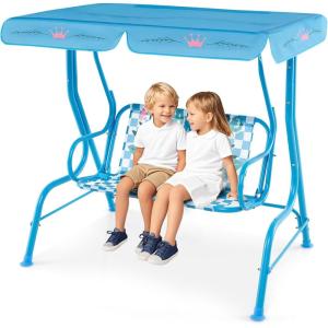 imageKids Porch Swing 2Seater Outdoor Lounge Chair with Adjustable Canopy ampamp Safety Belts Metal Stand Hanging Swing Bench Patio Swing for Backyard Patio Lawn Garden Blue FlamingoBlue Flamingo