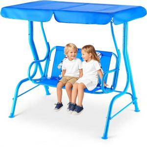 imageKids Porch Swing 2Seater Outdoor Lounge Chair with Adjustable Canopy ampamp Safety Belts Metal Stand Hanging Swing Bench Patio Swing for Backyard Patio Lawn Garden Blue FlamingoBlue Puppy