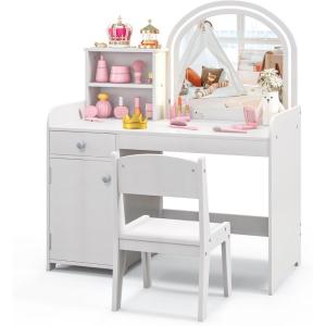 imageKids Vanity 2 in 1 Kids Vanity Table ampamp Chair Set wLighted Mirror Drawer Storage Shelves ampamp Cabinet Pretend Play Toddler Vanity Girls Vanity for Little Girls Ages 3 White