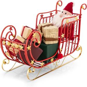 imageMetal Christmas Sleigh with Golden Stars Large Christmas Decoration Sleigh Cart wLarge Cargo Area for Gifts Outdoor Sleigh Decoration with Golden Balls Red Santa Sleigh for Home Lawn Yard