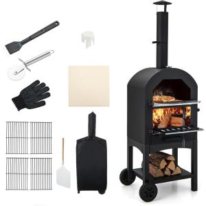 imagePizza Oven Outdoor Wood Fired Pizza Oven with Pizza Stone Pizza Peel Waterproof Cover Cooking Grids Portable Pizza Maker on Wheels for Backyard Party BBQ