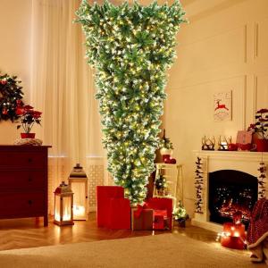 imagePreLit Christmas Tree 75 FT Upside Down Inverted Full Snowy Artificial Xmas with 1100 Branch Tips Warm Yellow LED Lights 8 Lighting Modes for Home Festival Decoration Green