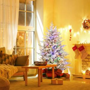 imagePreLit Flocked Christmas Tree 6FT Hinged Artificial Xmas Tree with 8 Lighting Modes MultiColor LED Lights PVC ampamp PE Vivid Branch Tips Festival Decoration Tree for Home 6FT7FT