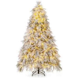 imagePreLit Snow Christmas Tree 45 FT Hinged Artificial Xmas Tree with Metal Foldable Stand Wrapped Warm White LED Lights Flocked Decoration Christmas Tree for Home Living Room 45FT6ft