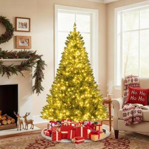 imagePrelit Artificial Christmas Tree Green PVC Xmas Decoration with Warm White LED Lights 510 Branch Tips EasytoAssemble Hinged Tree for Indoor Home Office Holiday Decoration 5ft6ft