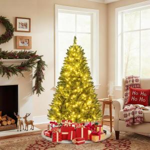 imagePrelit Artificial Christmas Tree Green PVC Xmas Decoration with Warm White LED Lights 510 Branch Tips EasytoAssemble Hinged Tree for Indoor Home Office Holiday Decoration 5ft5ft