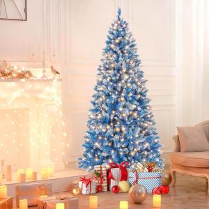 imagePrelit Christmas Tree 9FT Blue Artificial Xmas Tree with PVC Frosted ampamp Hinged Branch Tips Warm White LED Lights 8 Lighting Modes Decoration for Home Party Holiday 9FT9ft