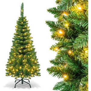 imageSlim Artificial Pencil Christmas Tree PreLit Tree with NonGlaring LED Lights and Foldable Base Festive Decoration for Compact Room Passway Green Warm White Lights 65ftWarm White Lights