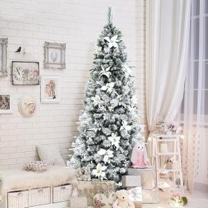 imageSnow Flocked Hinged Artificial Christmas Tree Full Holiday Xmas Tree Decoration with White Berries ampamp Poinsettia Flowers Slim Pencil Christmas Pine Tree with Autospread Branches ampamp Metal Base