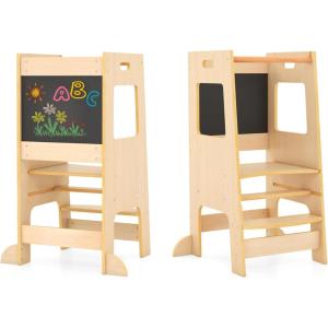 imageToddler Tower Height Adjustable Learning Standing Tower wSafety Rail ampamp Blackboard Montessori Wooden Toddler Kitchen Stool Helper for Bathroom Ages 18 Months to 6 Years NaturalNatural