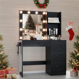 imageVanity Desk with Mirror and Lights Dressing Table with 4 Drawers Hutch Shelves Charging Station Hair Dryer Stand 3 Color Lighting Modern Makeup Vanity for Bedroom Living Room BlackBlack