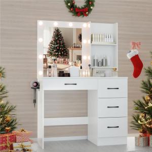 imageVanity Desk with Mirror and Lights Dressing Table with 4 Drawers Hutch Shelves Charging Station Hair Dryer Stand 3 Color Lighting Modern Makeup Vanity for Bedroom Living Room BlackWhite
